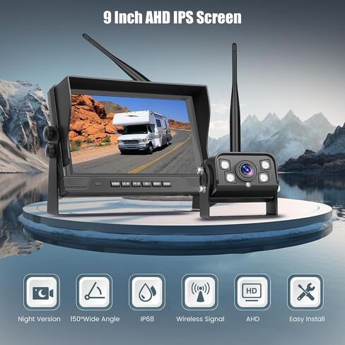 9 Inch Monitor Wireless Backup Camera System with Loop Recording, 12-24V for Truck, Trailer, RV, Bus Reversing Camera IP68 Waterproof Night Vision, Waterproof Back Up Camera Kit in Saudi Arabia