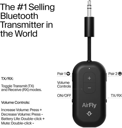 AirFly Pro 2 – Bluetooth Adapter for Airplane, Pair 2 AirPods or Wireless Headphones – 3.5mm AUX Bluetooth Transmitter and Receiver for Cars, Boats, Treadmills, TVs– Airplane Travel Essentials, Black in Saudi Arabia