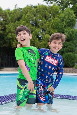 مجموعة Marvel Avengers Iron Man Thor Captain America Little Boys 3 قطع بعامل حماية من الأشعة فوق البنفسجية 50+ سروال سباحة 5-6 in Saudi Arabia