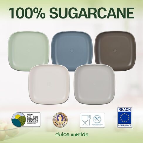 SUGARCANE Kids Plates 5Pack (7.9") + Coconut Pad 2Pc- Organic Dishes for Toddler to Big Kids - USDA Certified – Microwaves & Dishwasher Safe – BPA Free, Unbreakable, Reusable - Multi in Kuwait