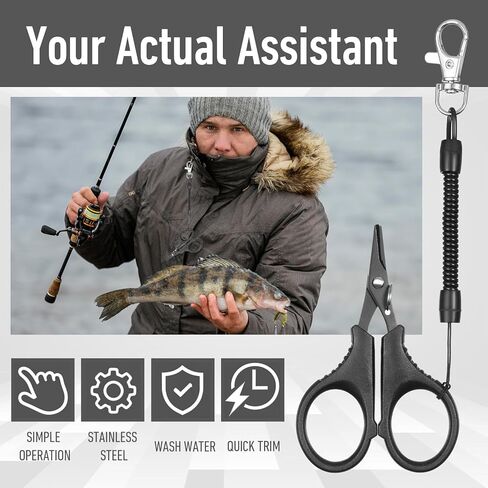 3 Pieces Fishing Scissors, Portable Stainless Steel Fishing Braided Line Cutter Titanium Coating with Hook and Retractable Coil Lanyards Fish Accessories Gift in Kuwait