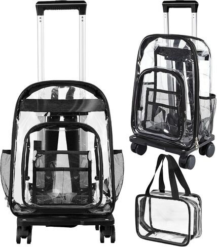 Amylove 17 Inch Rolling Clear Backpack Heavy Duty Transparent Wheeled Kids Backpack with Clear Lunch Handle Bag PVC See Through Rolling Bookbag for Boys Girls women men Stadium School (Pure Style) in Saudi Arabia