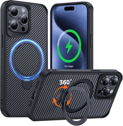 FlyReal مصمم لحالة iPhone 15 Pro مع حامل مغناطيسي 360 درجة ، حالة هاتف ألياف الكربون [متوافقة مع Magsafe] [حماية عسكرية 16 قدمًا] مع حلقة الوقوف 6.1 '' ، الأسود in Kuwait