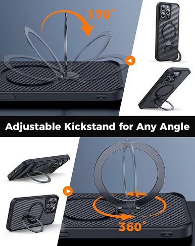 FlyReal مصمم لحالة iPhone 15 Pro مع حامل مغناطيسي 360 درجة ، حالة هاتف ألياف الكربون [متوافقة مع Magsafe] [حماية عسكرية 16 قدمًا] مع حلقة الوقوف 6.1 '' ، الأسود in Kuwait