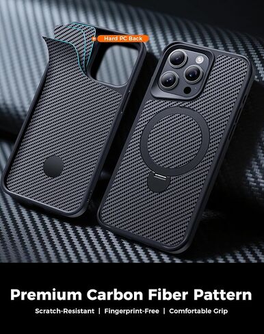 FlyReal مصمم لحالة iPhone 15 Pro مع حامل مغناطيسي 360 درجة ، حالة هاتف ألياف الكربون [متوافقة مع Magsafe] [حماية عسكرية 16 قدمًا] مع حلقة الوقوف 6.1 '' ، الأسود in Kuwait