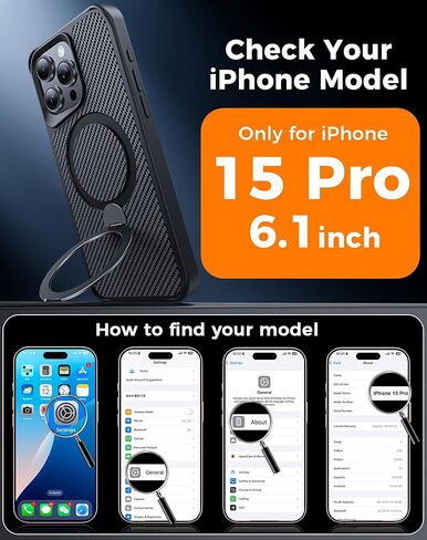FlyReal مصمم لحالة iPhone 15 Pro مع حامل مغناطيسي 360 درجة ، حالة هاتف ألياف الكربون [متوافقة مع Magsafe] [حماية عسكرية 16 قدمًا] مع حلقة الوقوف 6.1 '' ، الأسود in Kuwait