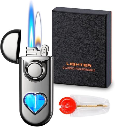 Torch Lighter, Dual Flame Butane Lighter Refillable, Windproof Adjustable Jet Flame and Soft Flame, with Heart-Shaped Transparent Gas Window, for Men Women (Without Butane)-Black Ice in Saudi Arabia