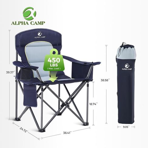 ALPHA CAMP Oversized Camping Folding Chair Heavy Duty with Cooler Bag Support 450 LBS Steel Frame Collapsible Padded Arm Quad Lumbar Back Chair Portable for Lawn Outdoor,Blue in Kuwait
