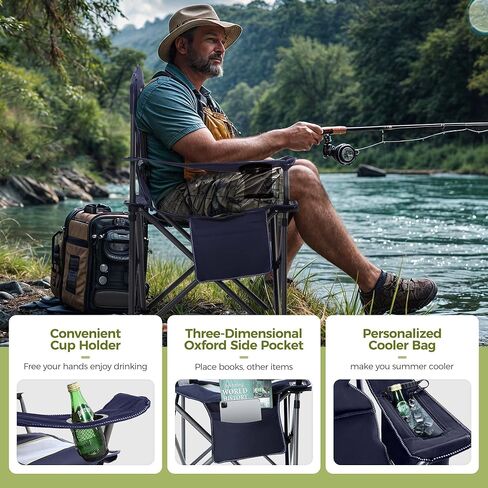 ALPHA CAMP Oversized Camping Folding Chair Heavy Duty with Cooler Bag Support 450 LBS Steel Frame Collapsible Padded Arm Quad Lumbar Back Chair Portable for Lawn Outdoor,Blue in Kuwait