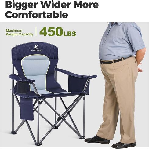 ALPHA CAMP Oversized Camping Folding Chair Heavy Duty with Cooler Bag Support 450 LBS Steel Frame Collapsible Padded Arm Quad Lumbar Back Chair Portable for Lawn Outdoor,Blue in Kuwait