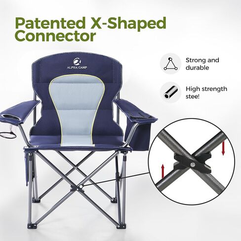 ALPHA CAMP Oversized Camping Folding Chair Heavy Duty with Cooler Bag Support 450 LBS Steel Frame Collapsible Padded Arm Quad Lumbar Back Chair Portable for Lawn Outdoor,Blue in Kuwait