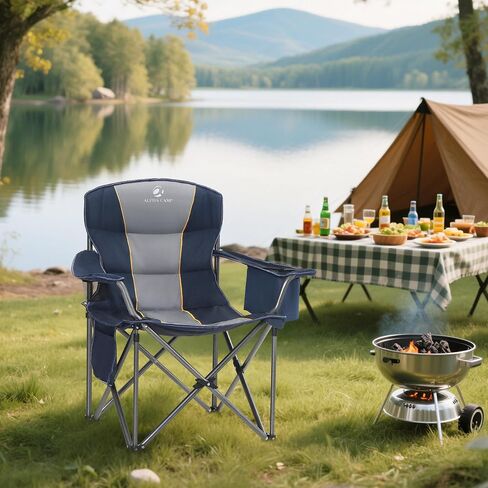 ALPHA CAMP Oversized Camping Folding Chair Heavy Duty with Cooler Bag Support 450 LBS Steel Frame Collapsible Padded Arm Quad Lumbar Back Chair Portable for Lawn Outdoor,Blue in Saudi Arabia