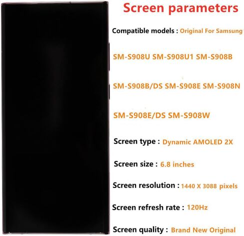 6.8 "الأصلي AMOLED 120 هرتز لـ Samsung Galaxy S22 Ultra Screen ReplaceMen OEM S22ULTRA 5G S908U S908U1 S908B S908E عرض مجموعة أرقام شاشة اللمس (مع إطار أسود+أدوات) in Kuwait