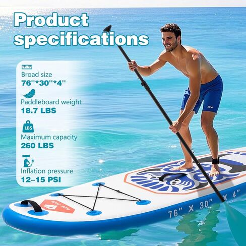 Inflatable Stand Up Paddle Board 10' 6"x 32"x 6" with Premium SUP Accessories - Backpack, Adjustable Paddle, Non-Slip Deck, Hand Pump, Leash, Fins, Waterproof Bag in Saudi Arabia