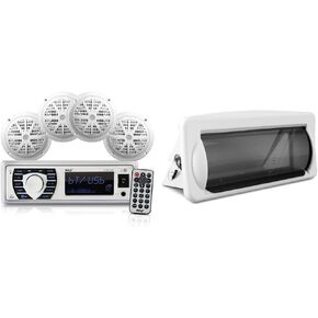 Pyle Marine Radio Receiver Speaker Set + Water Resistant Marine Stereo Cover (White)