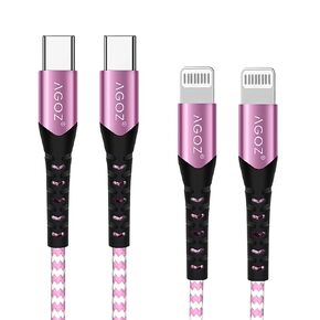AGOZ 2 Pack Pink Apple MFI Certified Lightning to USB C Cable, Braided Fast Charger Cord Compatible with iPhone 14 Pro Max, 14 Plus, 13, 12, 13 Mini iPhone SE, iPhone 11 XR X XS 8 7 6 5 (1ft)