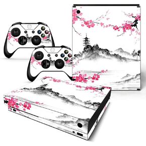 ZOOMHITSKINS Compatible for Xbox One X Skin, Xbox One X Controller Skin and Console Skin, Japanese Cherry Blossom Pink Temple Flower Sakura, Durable & Fit, 3M Vinyl, Easy to Install, Precise Cut-outs