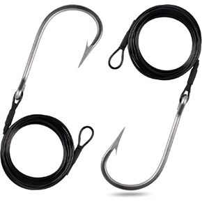 FUSIGO Fishing Shark Rigs, 2pcs Surf Stainless Steel Cable Leader Wire with Tuna Shark Hooks Saltwater Fishing Deep Sea Hooks Big Surf Shark Shark Leader Rig 5/0 6/0 8/0 10/0 12/0