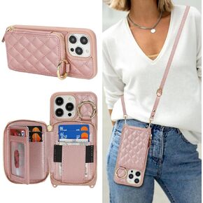 for iPhone 15 Pro Max Case Wallet with Card Holder for Women,for iPhone 15 Pro Max Phone case Wallet with Strap Credit Card Slots Crossbody with Kickstand Zipper Case-Rose Gold