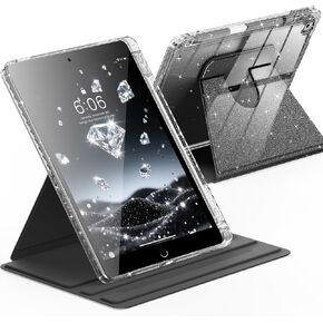 INFILAND Rotating Case for iPad 9th Generation (2021) / 8th Generation (2020) / 7th Generation (2019) 10.2 Inch 360 Rotating Cute Glitter Cover with Crystal Clear Back, Pencil Holder (Pink)