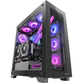 MC-iPRO, Professional ATX Case, 3D Mesh Front Grille, Tempered Glass Side Window, Ultra-Quiet 12cm FDB Fan, PC Case with Liquid Cooling Support, Black