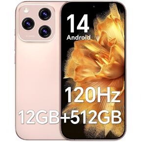 G16 ProMax Unlocked Cell Phone, 12+512GB Smartphone, Android 14 Phone, 48+108MP Camera, Long Battery Life 4050mAh, Dual SIM, 6.7“ HD Screen,Face ID/GPS (Pink)