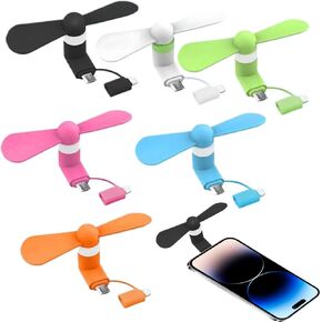 6Pcs Phone Fan, 2 in 1 Micro USB & Type-C Cell Mobile Phone Fan, TPE Quiet Mini USB Fan with Strong Motor Detachable 5V-1A Portable Fan for Indoor Outdoor, 6 Colors