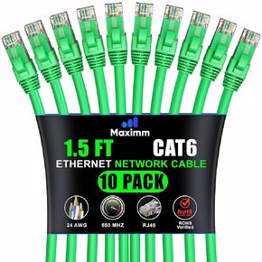 Maximm Cat 6 Ethernet Cable 1.5 ft (10-Pack) - High-Speed LAN Cable, Internet Cable, Patch Cable, and Network Cable - UTP, 10Gbps, 550MHz Ethernet Cord - Green