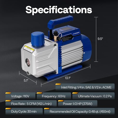 VIVOHOME 110V 1/3 HP 4.5CFM مضخة تفريغ تكييف الهواء أحادية المرحلة ومجموعة قياس مشعب التيار المتردد، محرك بدون بريق لأنظمة R32 R1234yf R134a R22 R410a، إعادة شحن تبريد تكييف الهواء HVAC in Saudi Arabia