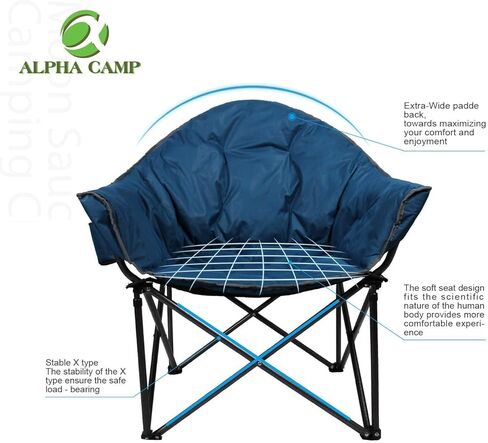 ALPHA CAMP Oversized Camping Chairs Padded Moon Round Chair Saucer Recliner with Folding Cup Holder and Carry Bag in Kuwait