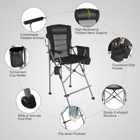 Portable Bar Height Foldable Director Chairs for Adults 330lbs, Extra Tall Folding Chairs for Camping Outside, Comfortable with Makeup Pocket, High Back and Footrest, Black in Kuwait