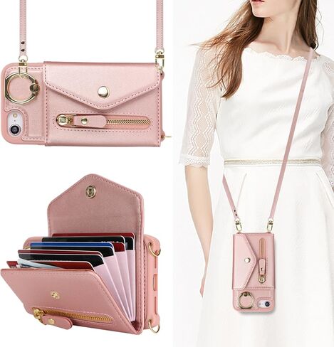 iPhone 7/8/SE2/SE3 علبة مع حاملي بطاقات Zipper وحزام للنساء ، و iPhone 7/8 Phone Case Wallet المتوافق مع زر محفظة صدمية Flip flip for iPhone se2/se3-brown in Saudi Arabia