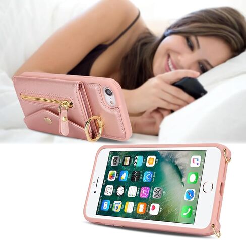 iPhone 7/8/SE2/SE3 علبة مع حاملي بطاقات Zipper وحزام للنساء ، و iPhone 7/8 Phone Case Wallet المتوافق مع زر محفظة صدمية Flip flip for iPhone se2/se3-brown in Saudi Arabia