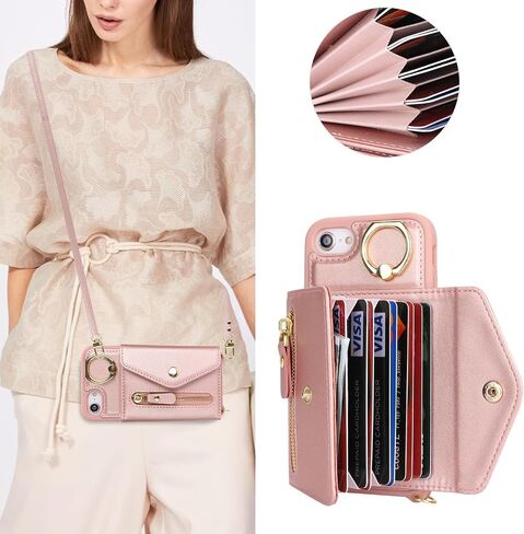 iPhone 7/8/SE2/SE3 علبة مع حاملي بطاقات Zipper وحزام للنساء ، و iPhone 7/8 Phone Case Wallet المتوافق مع زر محفظة صدمية Flip flip for iPhone se2/se3-brown in Saudi Arabia