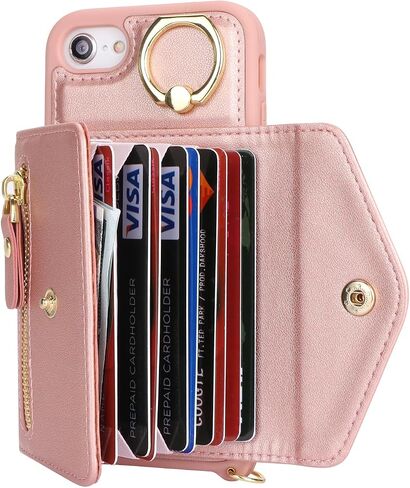 iPhone 7/8/SE2/SE3 علبة مع حاملي بطاقات Zipper وحزام للنساء ، و iPhone 7/8 Phone Case Wallet المتوافق مع زر محفظة صدمية Flip flip for iPhone se2/se3-brown in Saudi Arabia
