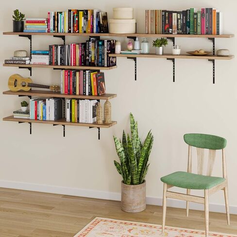 أرفف كتب جدارية عائمة مقاس 48 بوصة × 8 بوصة من Wallniture Turin لتخزين الحائط مع نظام دعامة السكك الحديدية القياسية القابلة للتعديل، أسود، خشب in Saudi Arabia