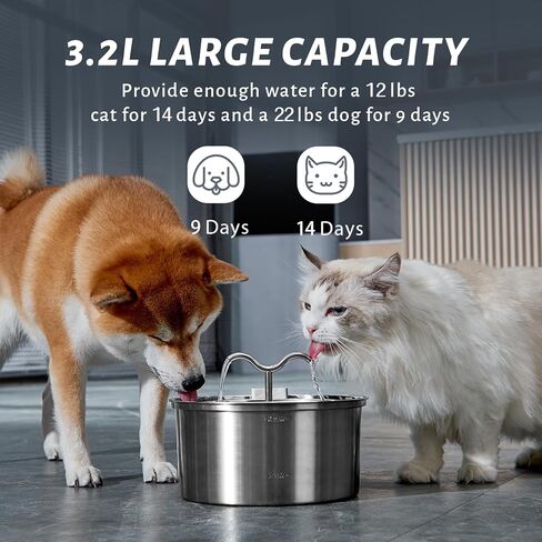 DOOOB Cat Water Fountain,3.2L/108OZ Square Stainless Steel Pet Water Dispenser Metal Dog Drinking Fountains Water Bowl with 3 Replacement Filters Ultra-Quiet Pump and Waterproof Food Mats in Kuwait