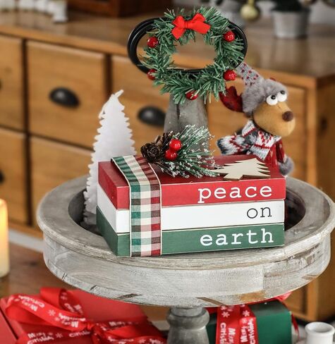 Christmas Wood Book Stack, Grinch House Decor, Farmhouse Christmas Decor for Home Table Mantle Shelf, Christmas Tiered Tray Decor in Kuwait