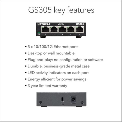 NetGear GS305 ، 5 Port Gigabit Ethernet Network Switch ، Ethernet Splitter ، Hub ، سطح المكتب ، المعادن القوية ، بدون مروحة ، توصيل وتشغيل in Kuwait