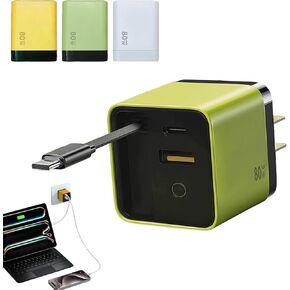 3 in 1 Gan Charger,Scalable 80w Max Fast Charger Module with Type-C Cable and 2 USB Ports, All in One Charger Retractable Phone Wall Plug (Yellow)
