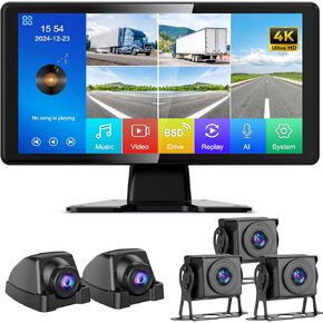 karsugee 4K RV Backup Camera with 10.1" Quad Split Touchscreen Monitor, HD 1080P Side & Rear View Cameras DVR Recording USB Video Play Waterproof 4 Channel for Trailer RV Truck Camper Bus etc (HD01)