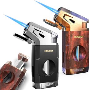 Butane Torch Lighter with V Cutter, Windproof Jet Flame Lighter Torch Refill, Adjustable Refillable Butane Lighter Gifts for Men, with Fuel Window, Butane not Include