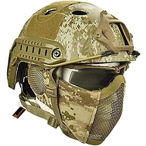 MH Tactical Fast Helmet Combined,with Foldable Ear Protection Half Face Mesh Mask and Goggles for Airsoft Paintball CS Game Set