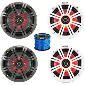 2 Pair (QTY 4) of Kicker KM 6.5" 195 Watt Peak Power Marine Multi Color LED Coaxial Boat Speakers with Charcoal and White Grilles, Speaker Wire
