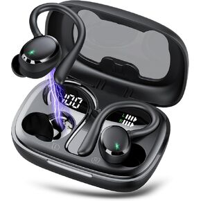 Wireless Earbuds, Bluetooth 5.3 Headphones with Earhook, 72Hrs Playtime, Deep Bass, Bluetoth Earbuds with 4 ENC Noise Canceling Mic, Waterproof, LED Display, Over Ear Buds for Travel, Luxurious Black