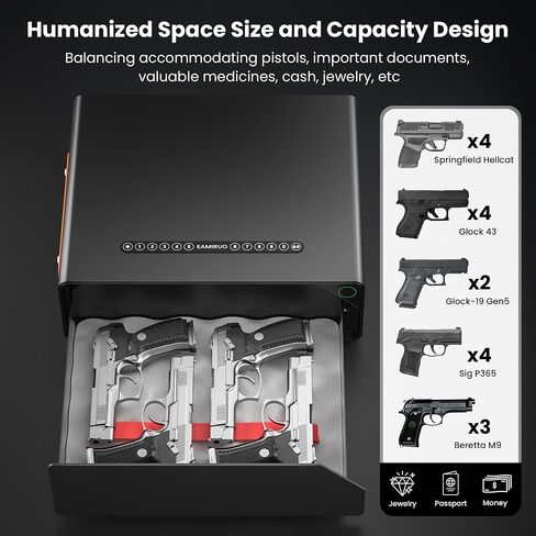 Gun Safe for Handgun - Biometric Gun Safe for 2-4 Pistols Quick Access Handgun Safe with Fingerprint/Keypad/Key/App Control, Pistol Safe for Nightstand Bedside (Black) in Saudi Arabia