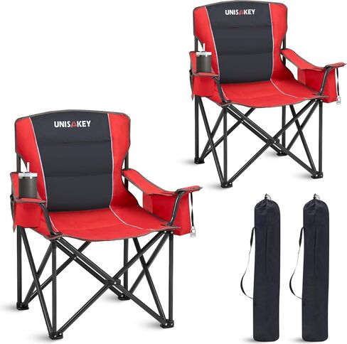 Oversized Folding Camping Chair for Adults - 450lbs Support - Heavy Duty Portable Lawn Chairs with Side Pocket Cup Holder Cooler Bag for Sports Garden Beach Fishing, Red in Kuwait