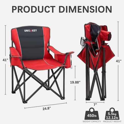 Oversized Folding Camping Chair for Adults - 450lbs Support - Heavy Duty Portable Lawn Chairs with Side Pocket Cup Holder Cooler Bag for Sports Garden Beach Fishing, Red in Kuwait
