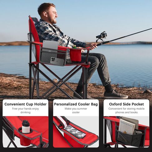 Oversized Folding Camping Chair for Adults - 450lbs Support - Heavy Duty Portable Lawn Chairs with Side Pocket Cup Holder Cooler Bag for Sports Garden Beach Fishing, Red in Kuwait