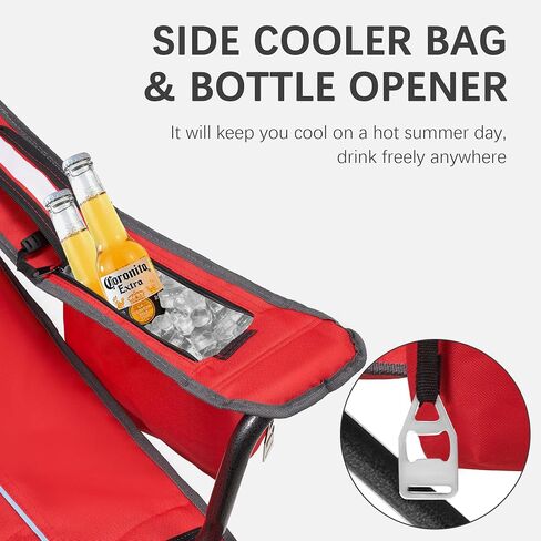 Oversized Folding Camping Chair for Adults - 450lbs Support - Heavy Duty Portable Lawn Chairs with Side Pocket Cup Holder Cooler Bag for Sports Garden Beach Fishing, Red in Kuwait